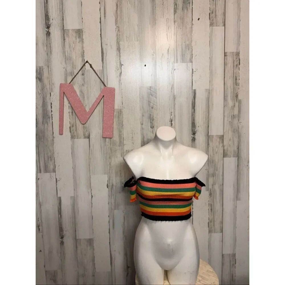 Forever 21 Off-Shoulder Striped Ribbed Crop Top Size M Rainbow Stretch NWT